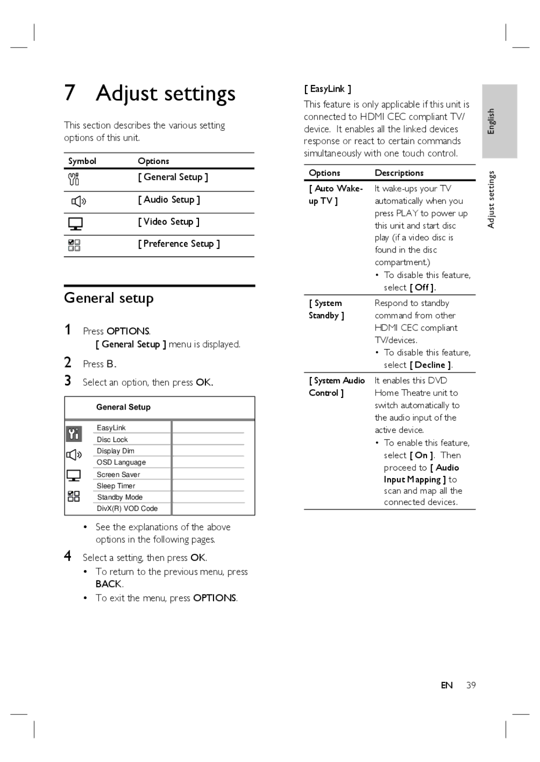 Philips HTS6515D quick start Adjust settings, General setup, General Setup Audio Setup Video Setup Preference Setup 