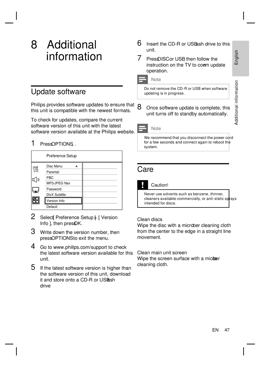 Philips HTS6515D Additional information, Update software, Care, Operation, Unit turns off to standby automatically 