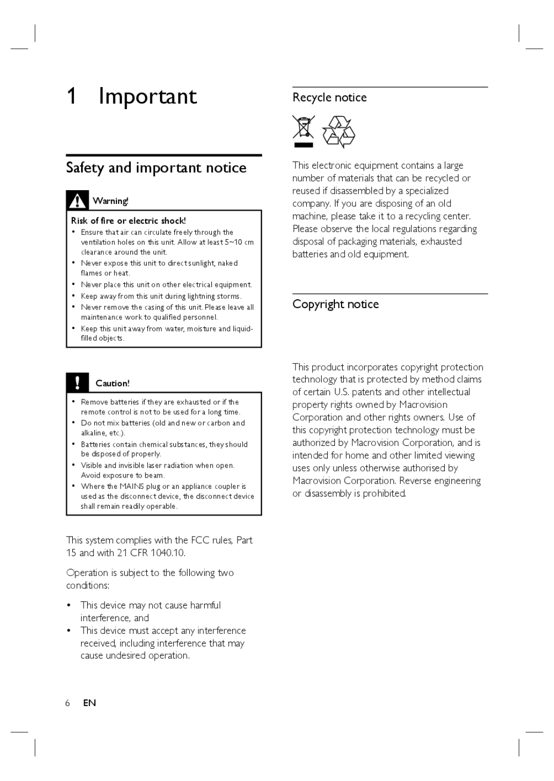 Philips HTS6515D quick start Safety and important notice, Recycle notice, Copyright notice 