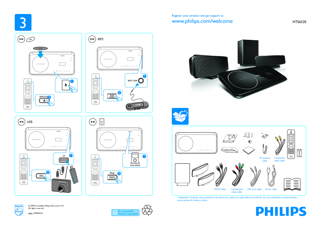 Philips HTS6520/55 manual Register your product and get support at, MP3 USB, HDMI Cable, Component, video cable, Composite 