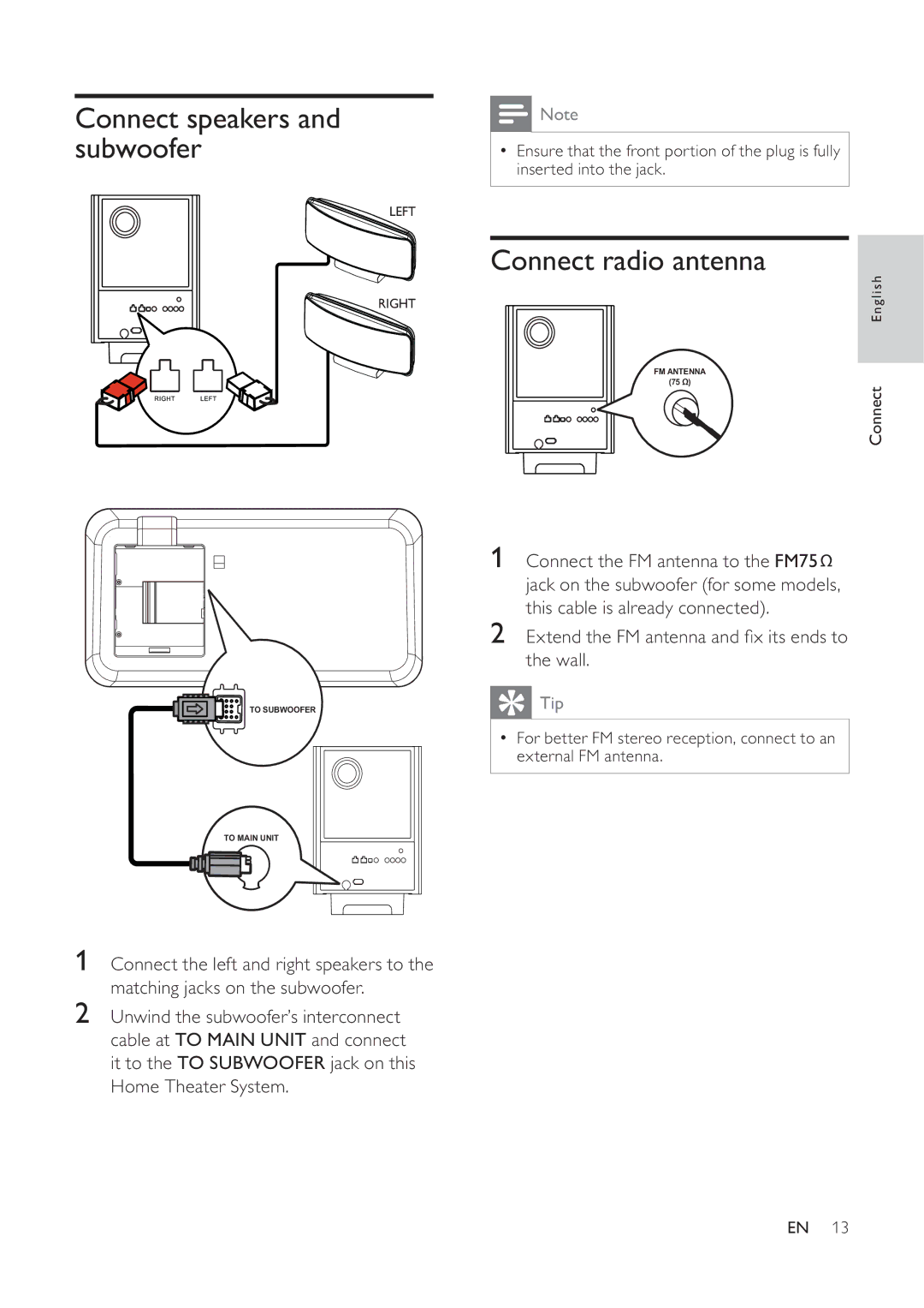 Philips 625p, HTS6520/93, 525p user manual Connect speakers and subwoofer, Connect radio antenna 