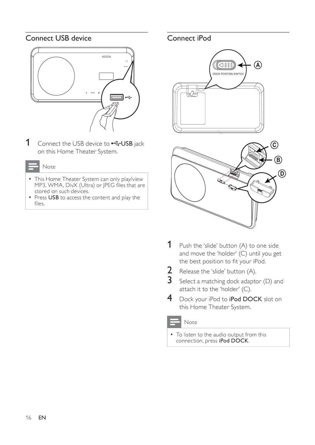 Philips 625p, HTS6520/93, 525p user manual Connect USB device, Connect iPod 