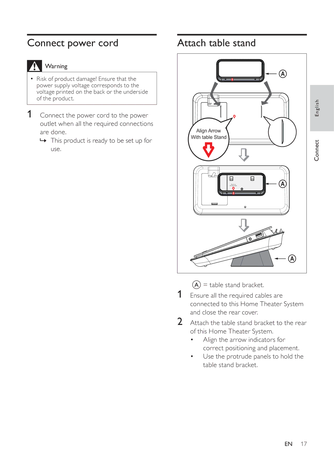 Philips 525p, HTS6520/93, 625p user manual Connect power cord, Attach table stand 