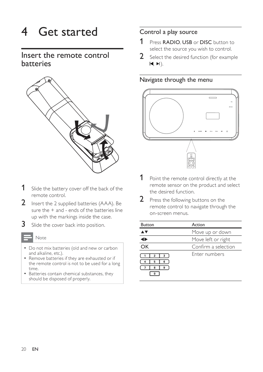 Philips 525p, 625p Get started, Insert the remote control batteries, Control a play source, Navigate through the menu 