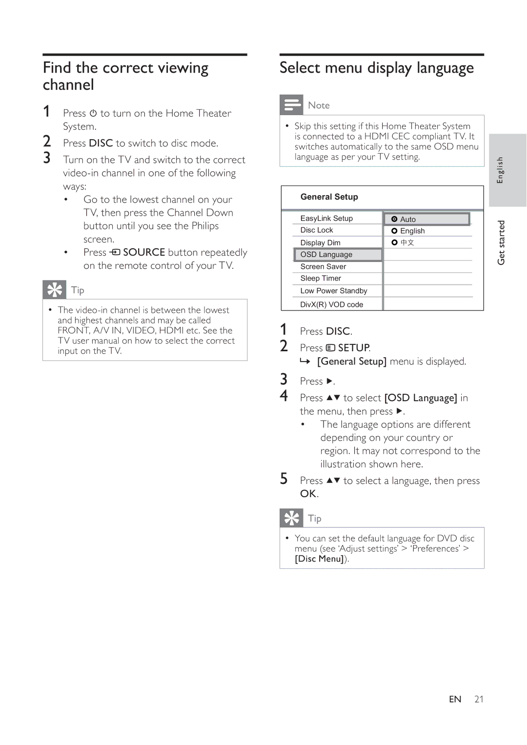 Philips HTS6520/93, 625p, 525p user manual Find the correct viewing channel, Select menu display language 