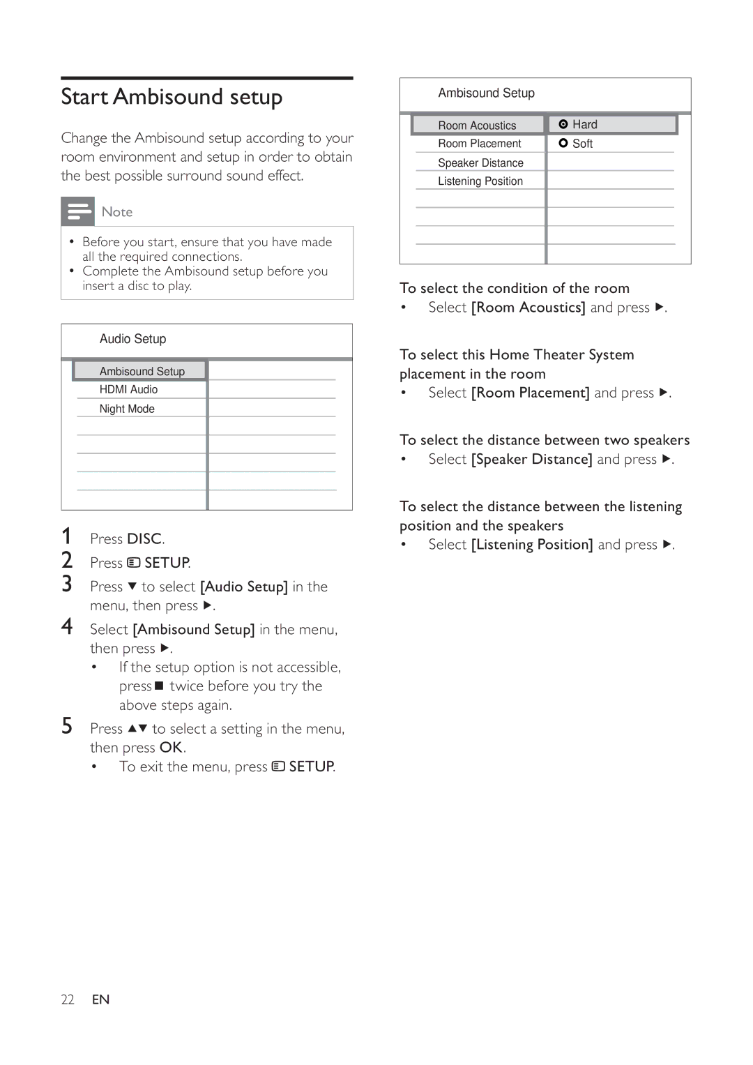 Philips 625p, HTS6520/93, 525p user manual Start Ambisound setup 