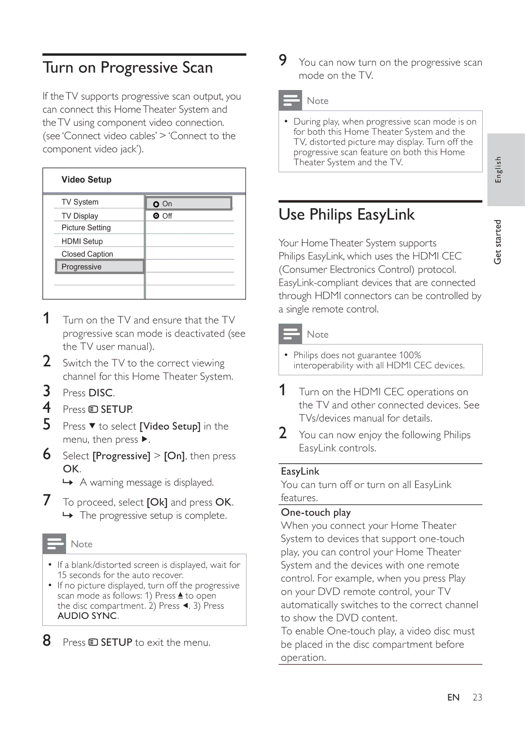 Philips 525p, HTS6520/93, 625p user manual Turn on Progressive Scan, Use Philips EasyLink 