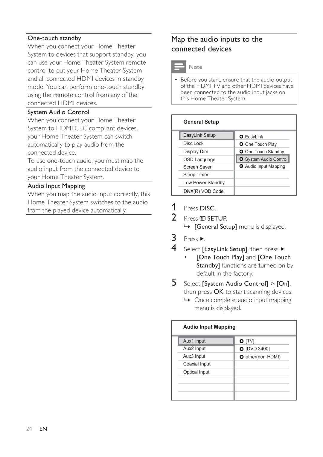 Philips HTS6520/93, 625p, 525p user manual Map the audio inputs to, Connected devices 