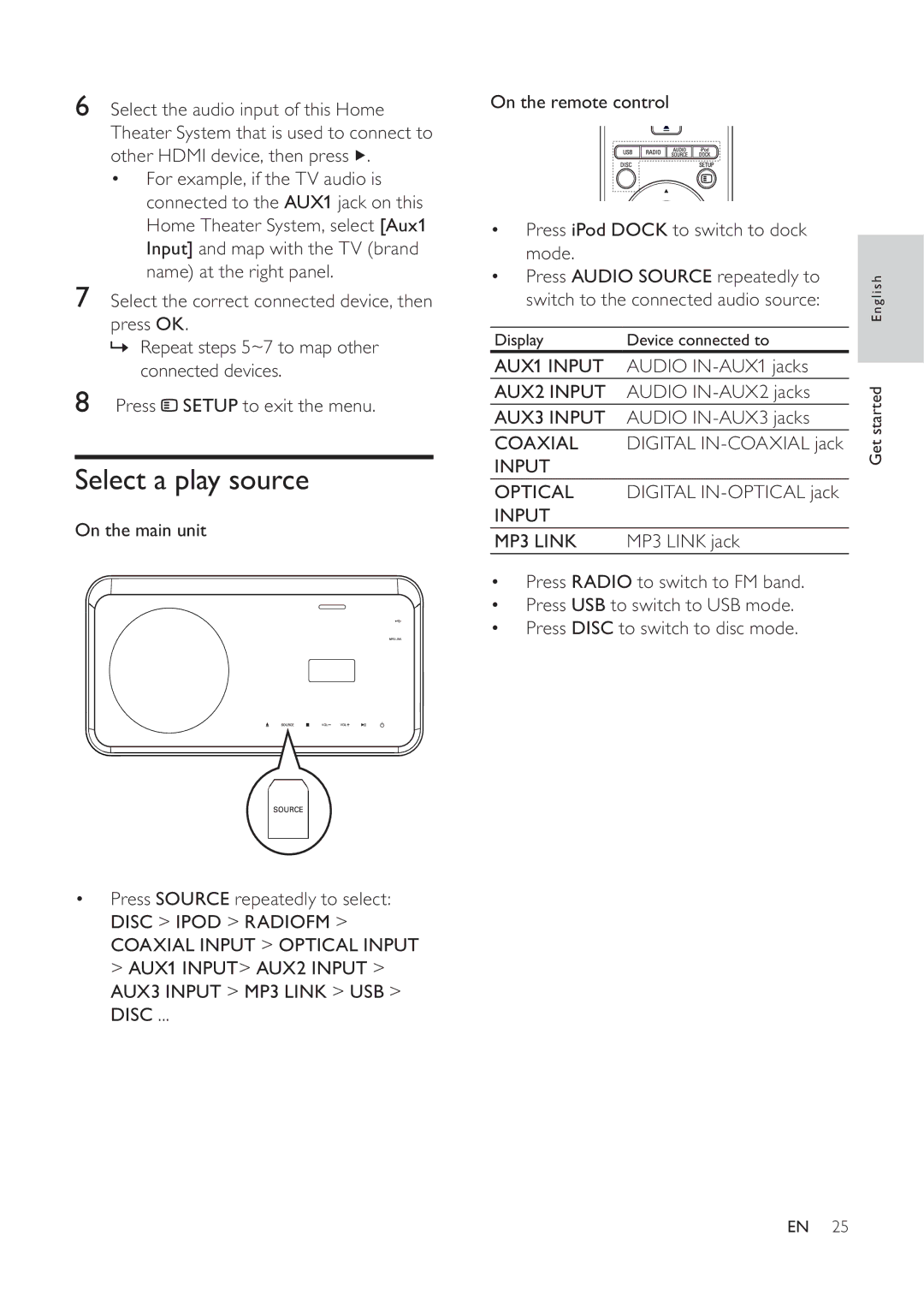 Philips 625p, HTS6520/93, 525p user manual Select a play source 