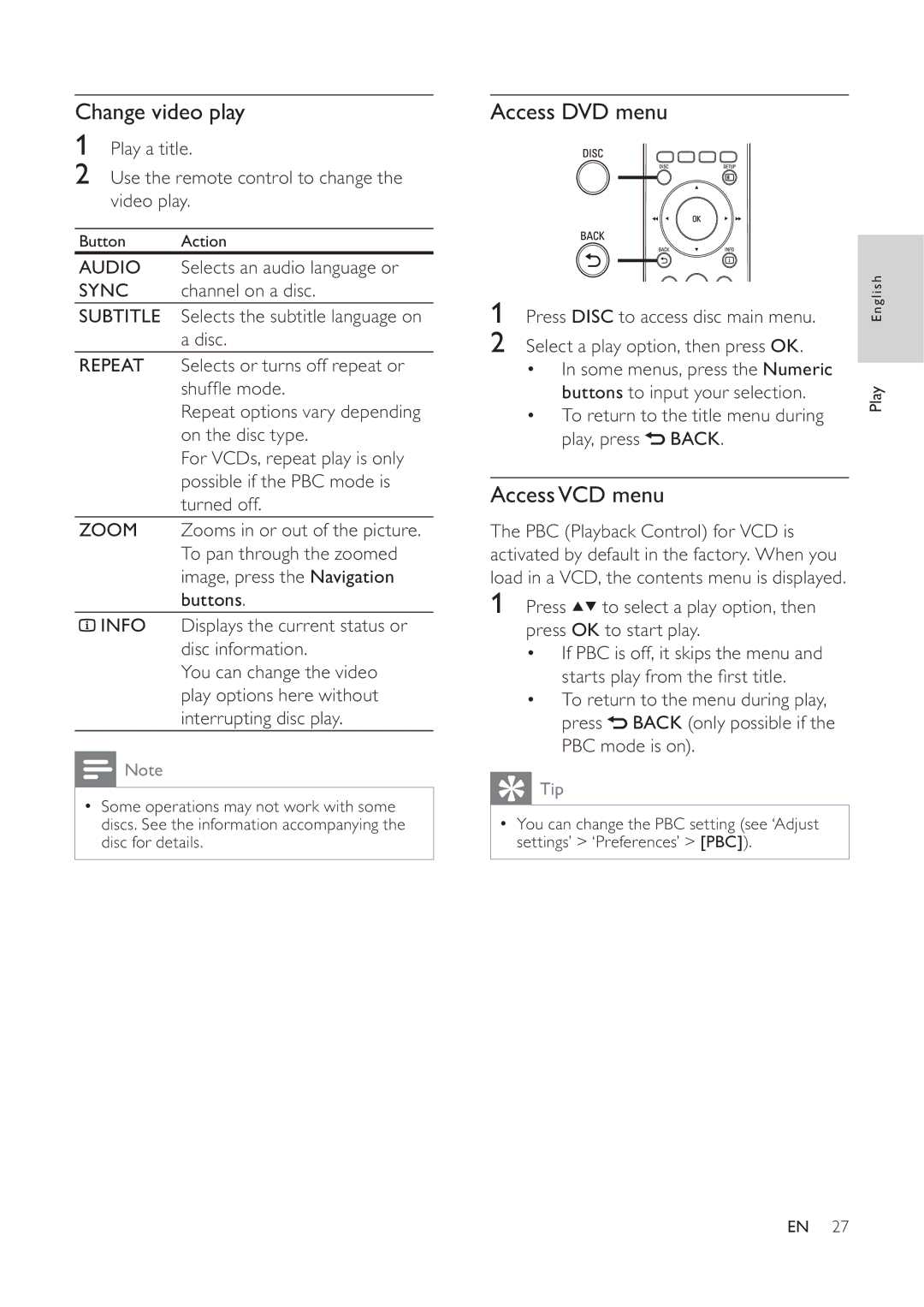 Philips HTS6520/93, 625p, 525p user manual Change video play, Access DVD menu, AccessVCD menu 