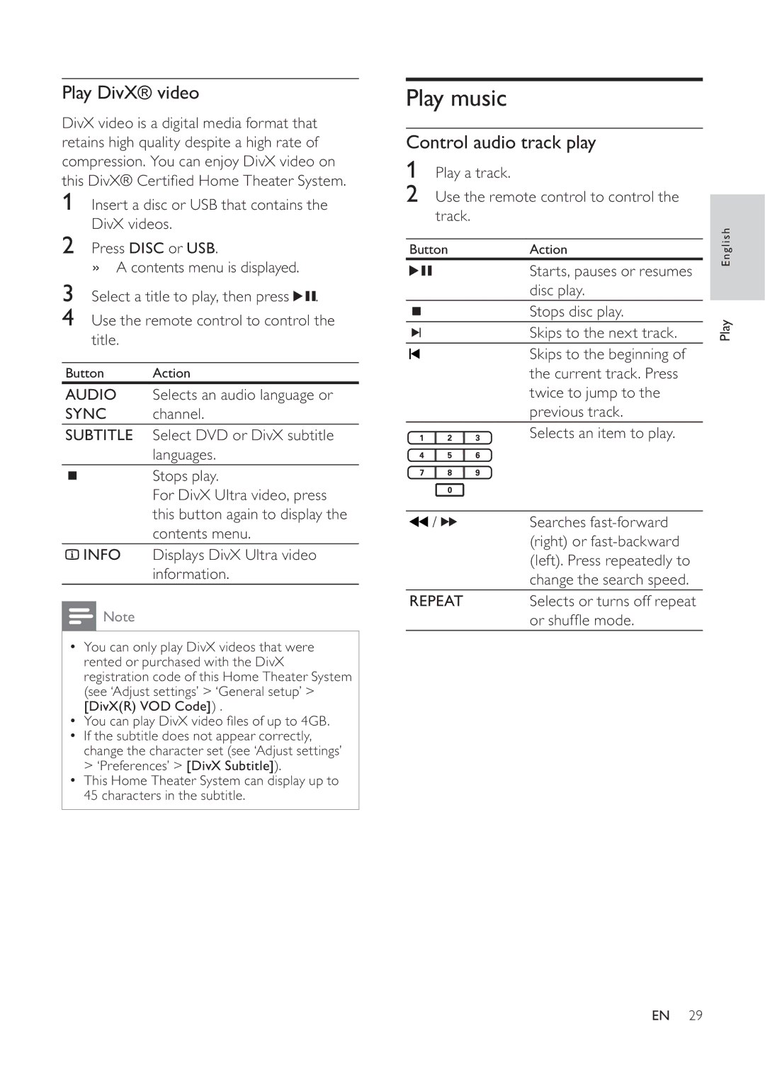 Philips 525p, HTS6520/93, 625p user manual Play music, Play DivX video, Control audio track play 