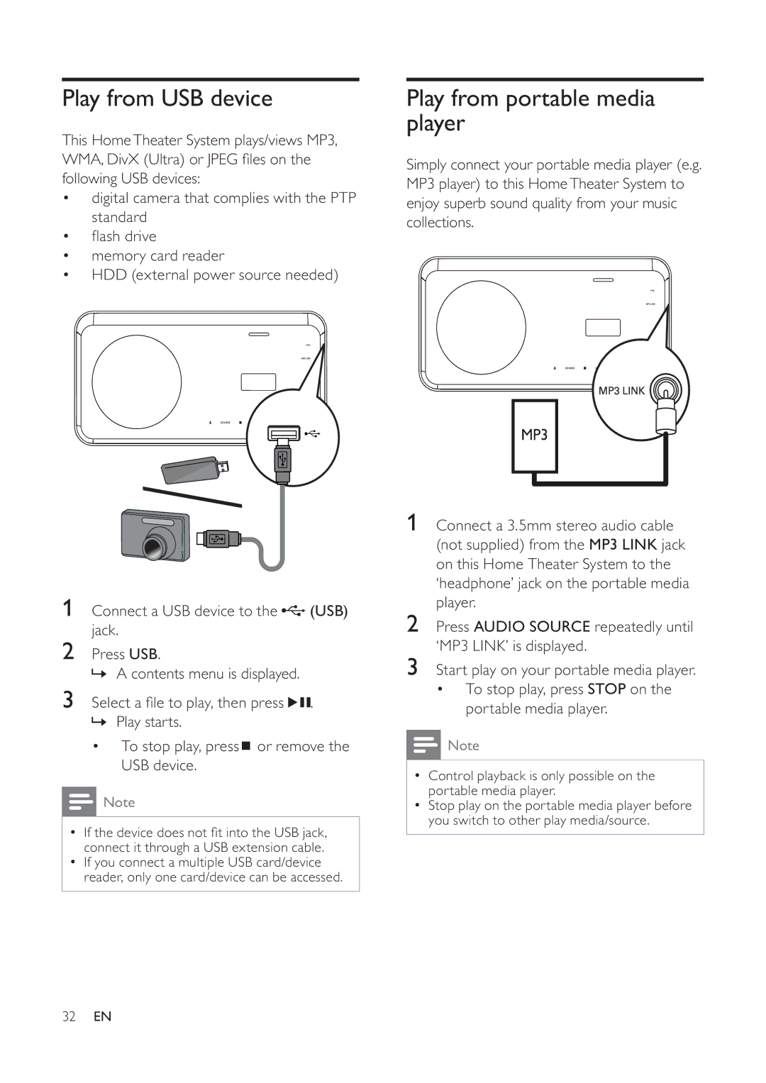 Philips 525p, HTS6520/93, 625p user manual Play from USB device, Play from portable media player 