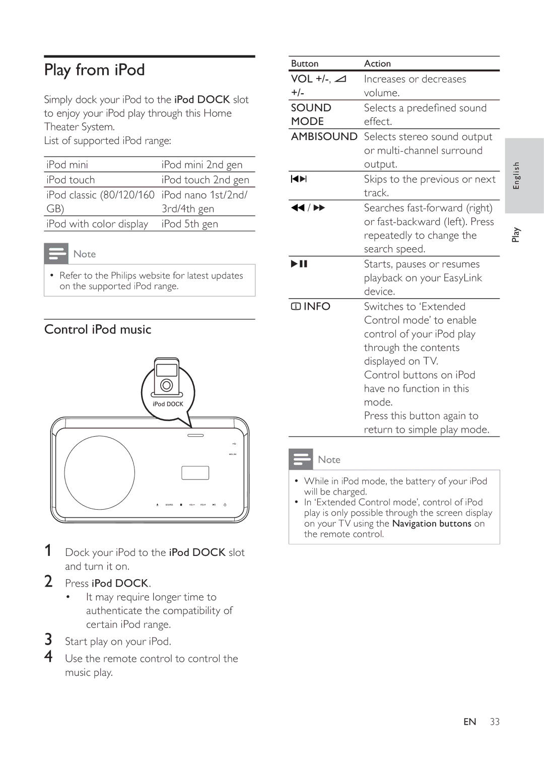 Philips HTS6520/93, 625p, 525p user manual Play from iPod, Control iPod music, Sound, Mode 