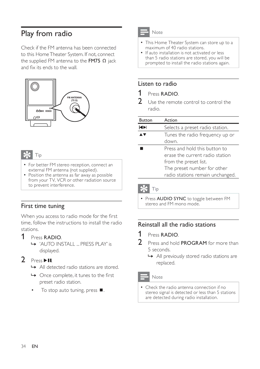 Philips 625p, HTS6520/93, 525p Play from radio, First time tuning, Listen to radio, Reinstall all the radio stations 