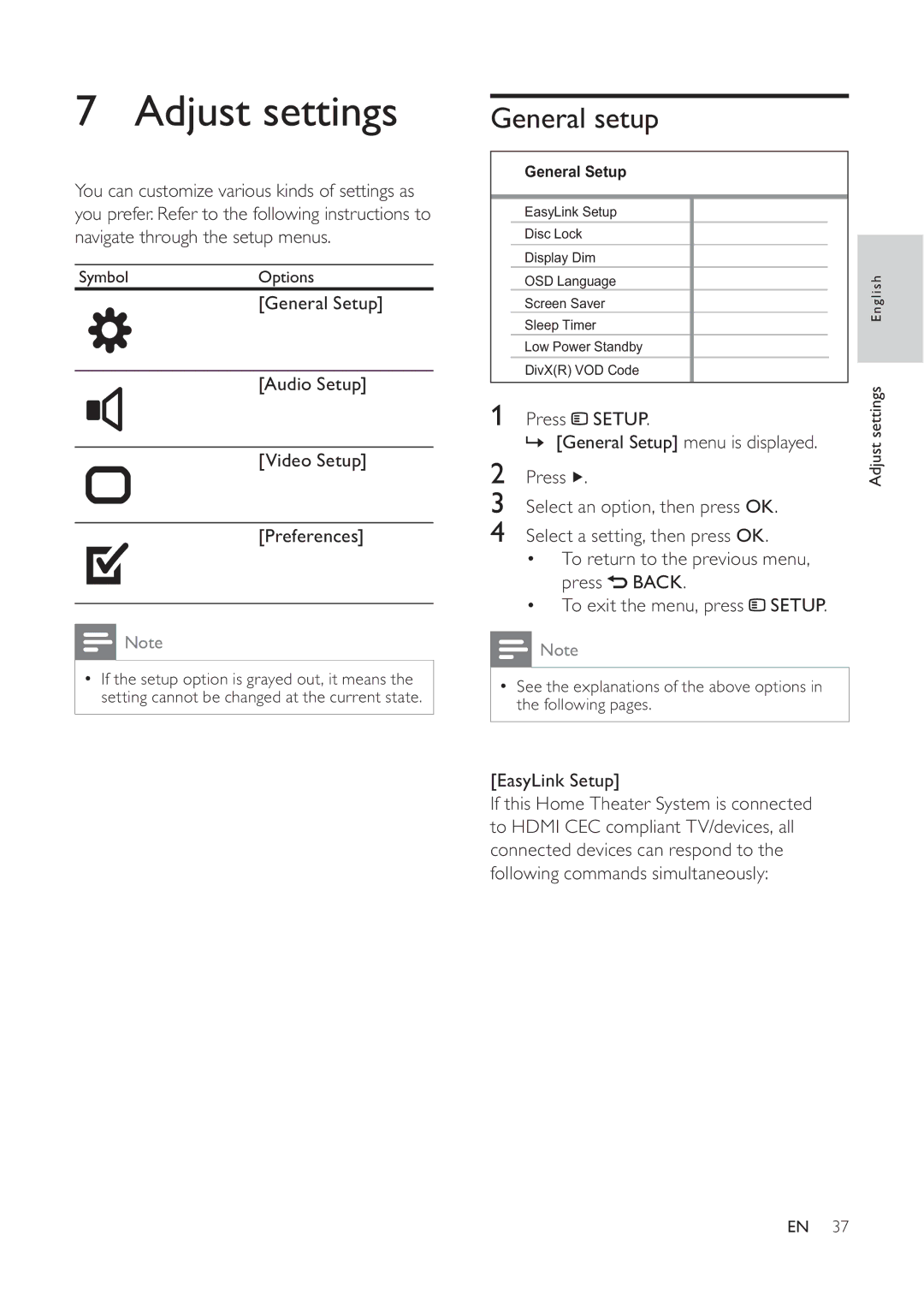 Philips 625p, HTS6520/93, 525p user manual Adjust settings, General setup 