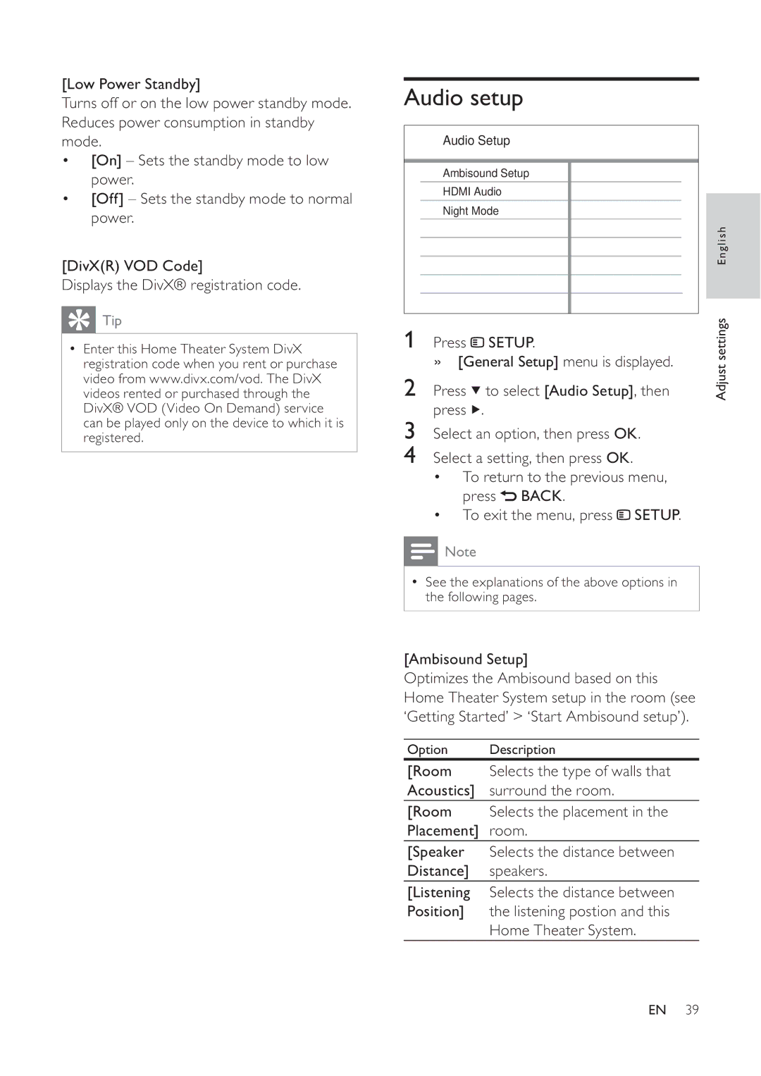 Philips HTS6520/93, 625p, 525p user manual Audio setup, Setup 