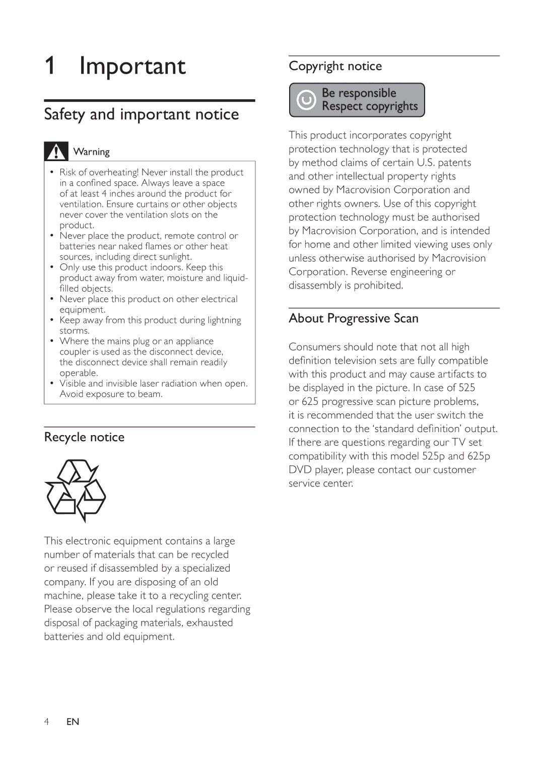 Philips 625p, HTS6520/93, 525p Safety and important notice, Recycle notice, Copyright notice, About Progressive Scan 