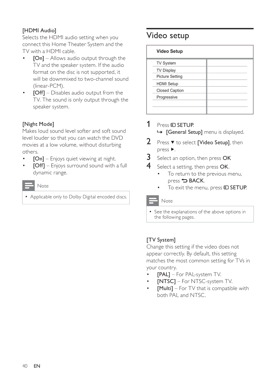 Philips 625p, HTS6520/93, 525p user manual Video setup 