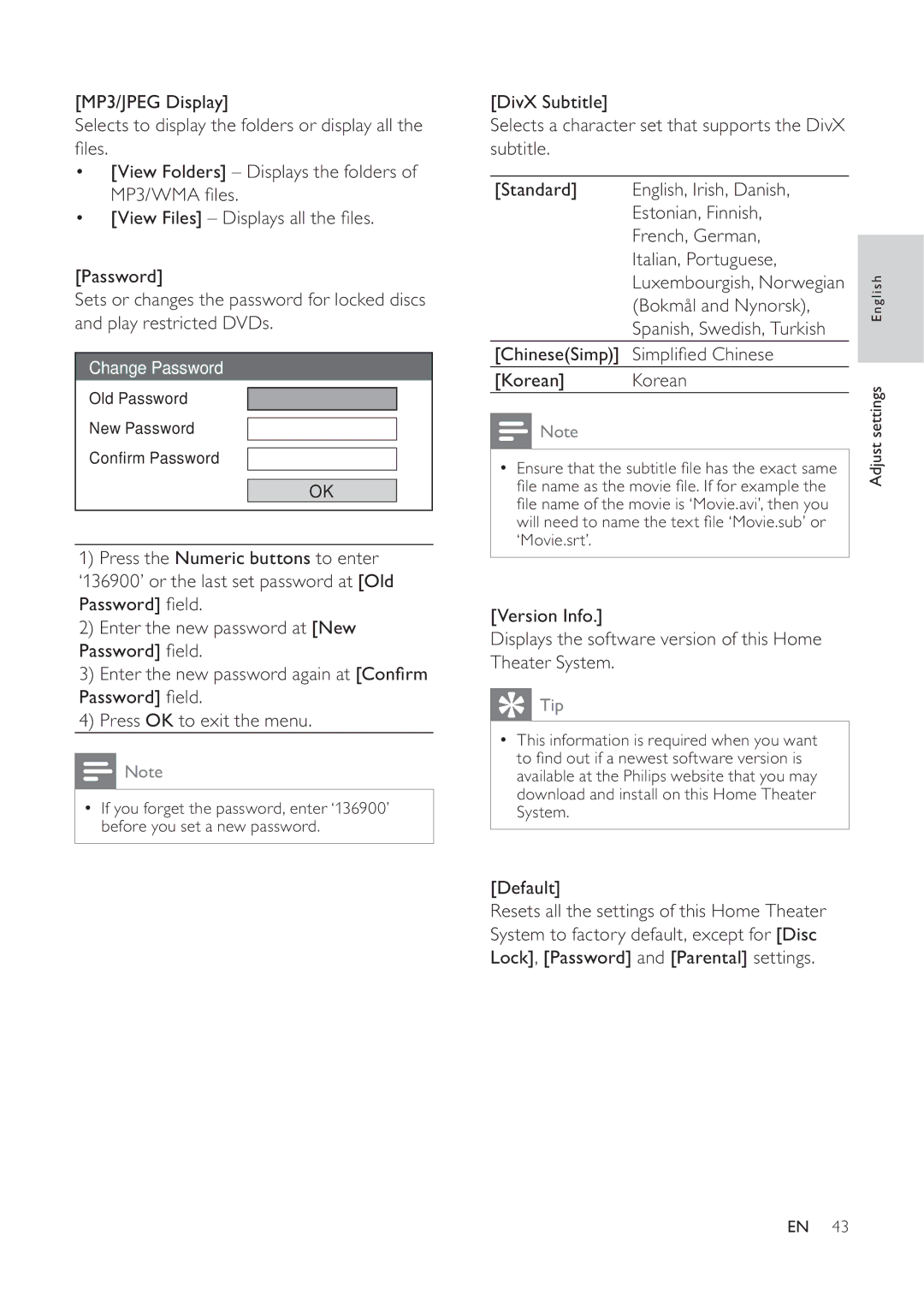 Philips 625p, HTS6520/93, 525p user manual Default 