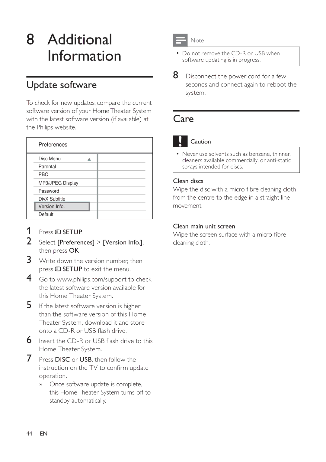 Philips 525p, HTS6520/93, 625p user manual Update software, Care 