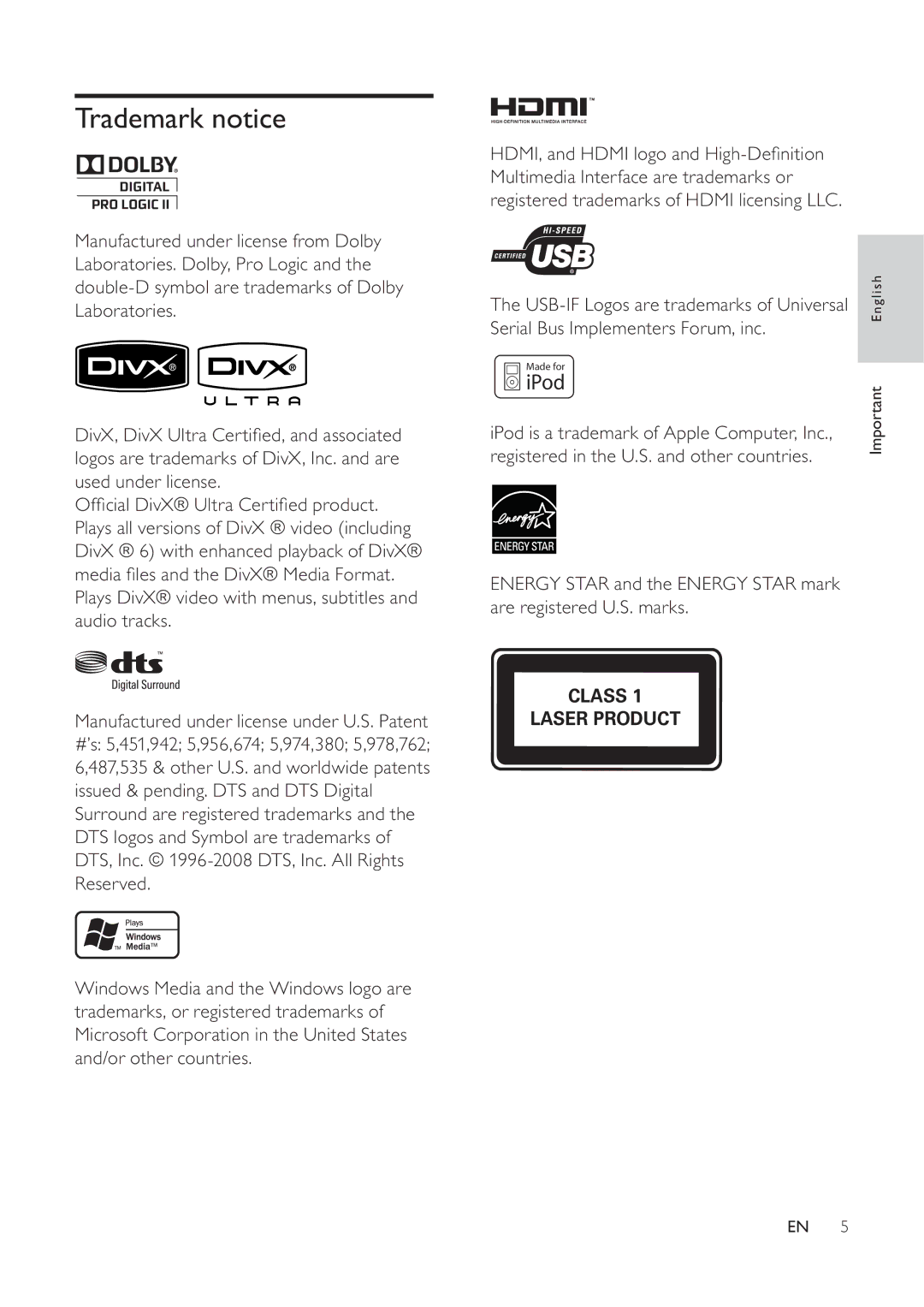 Philips 525p, HTS6520/93, 625p user manual Trademark notice, IPod 