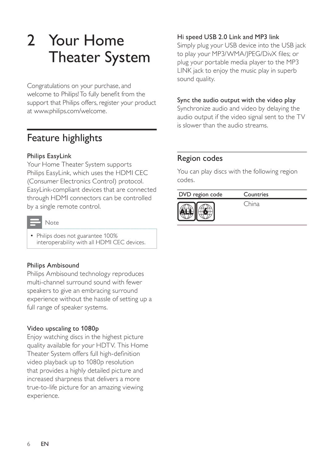 Philips HTS6520/93, 625p, 525p user manual Feature highlights, Region codes 