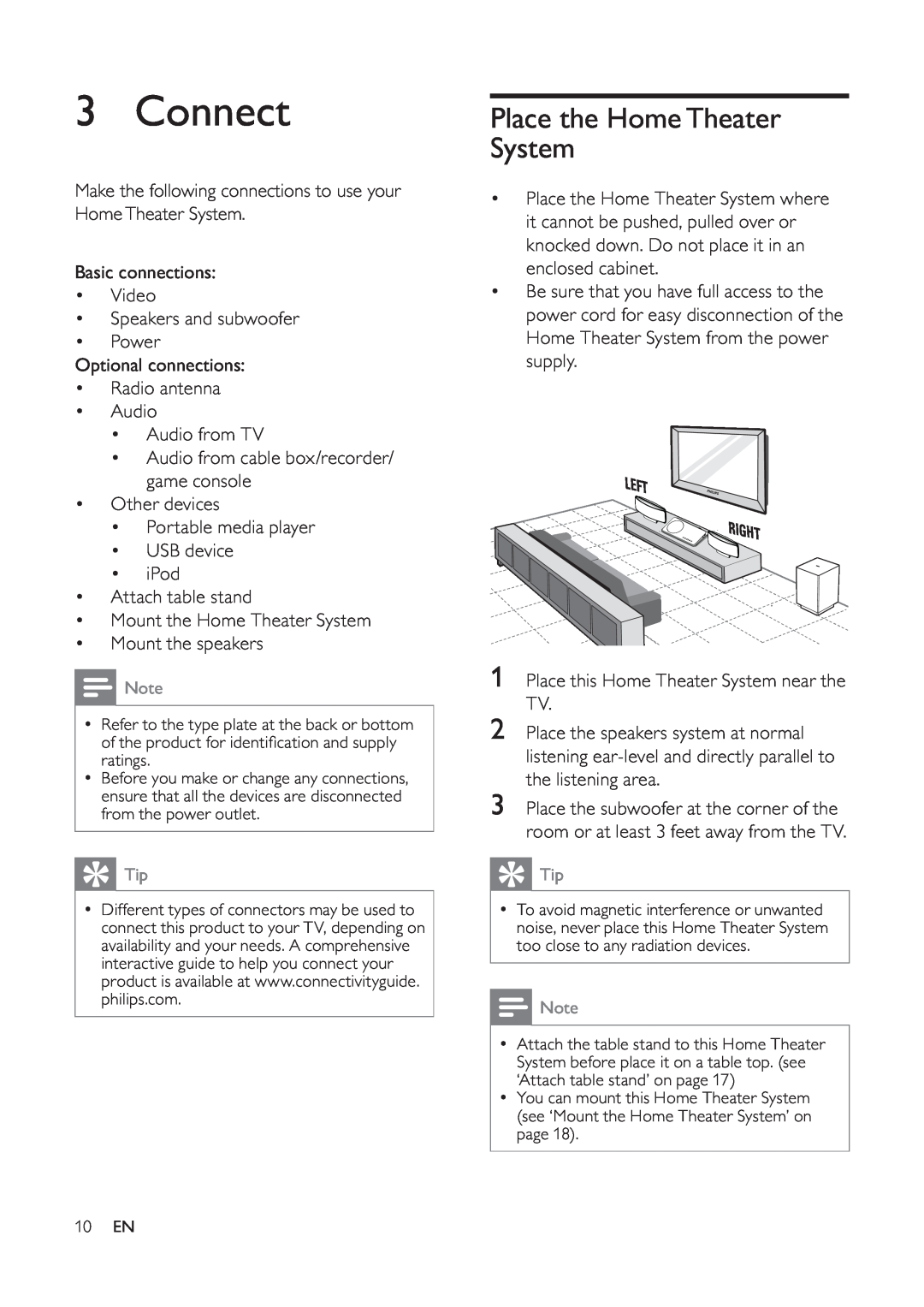 Philips 625p, HTS6520/93, 525p user manual Connect, Place the HomeTheater System, Left Right 