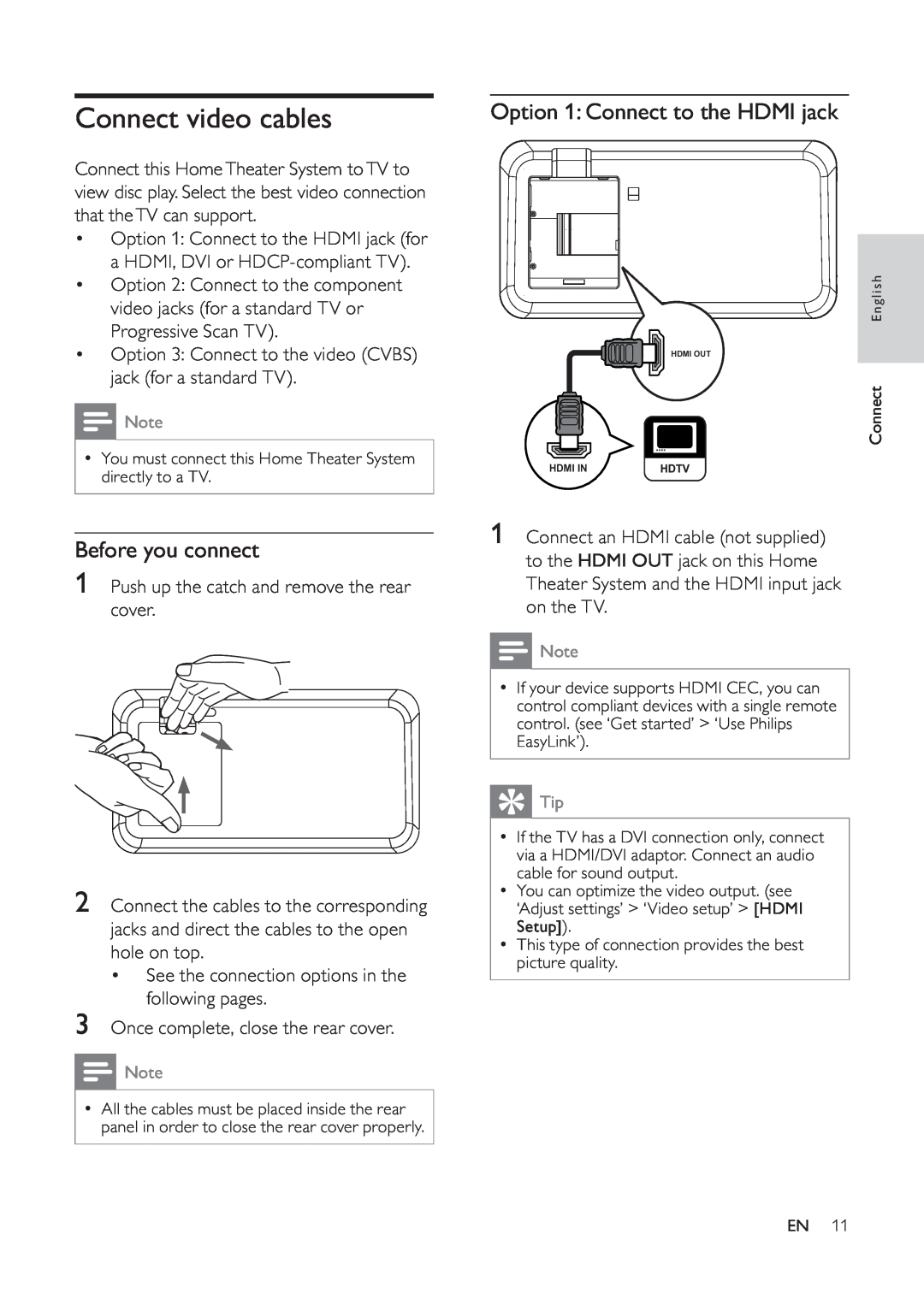 Philips 525p, HTS6520/93, 625p user manual Connect video cables, Before you connect, Option 1 Connect to the HDMI jack 