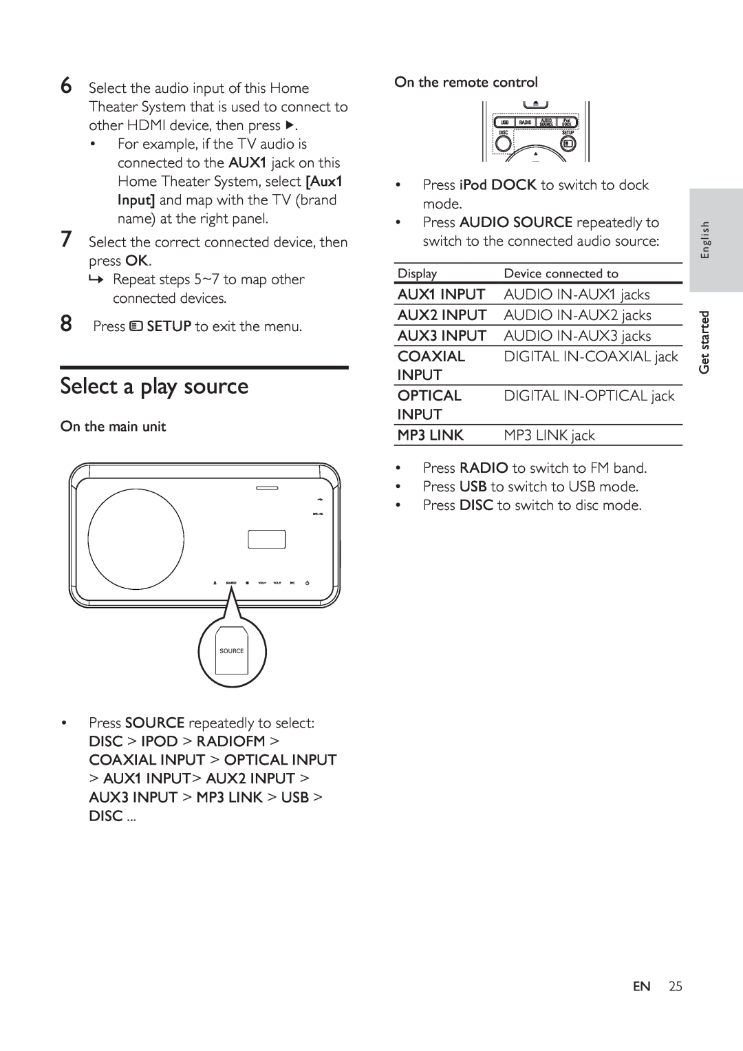 Philips 625p, HTS6520/93, 525p user manual Select a play source 