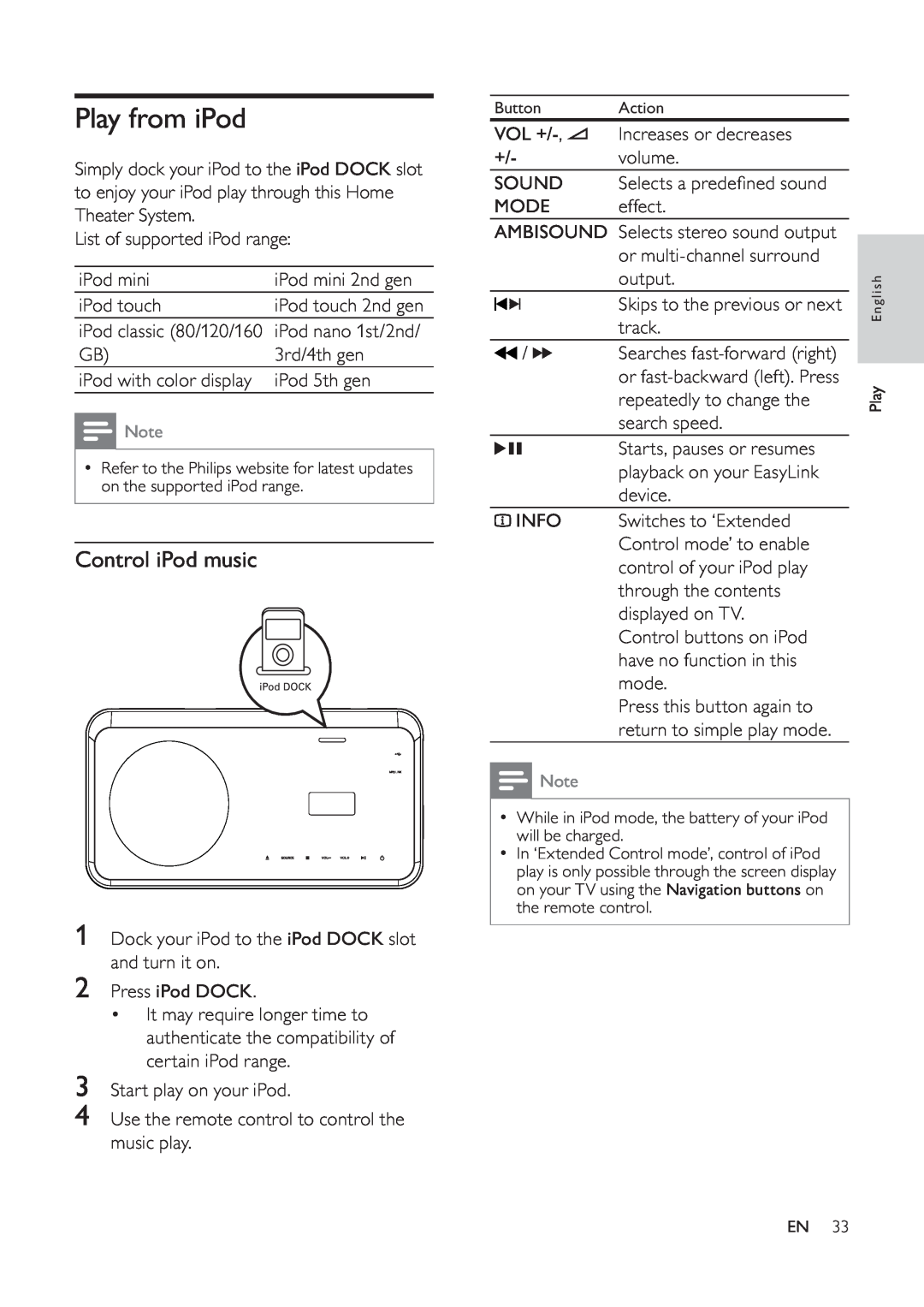 Philips HTS6520/93, 625p, 525p user manual Play from iPod, Control iPod music 
