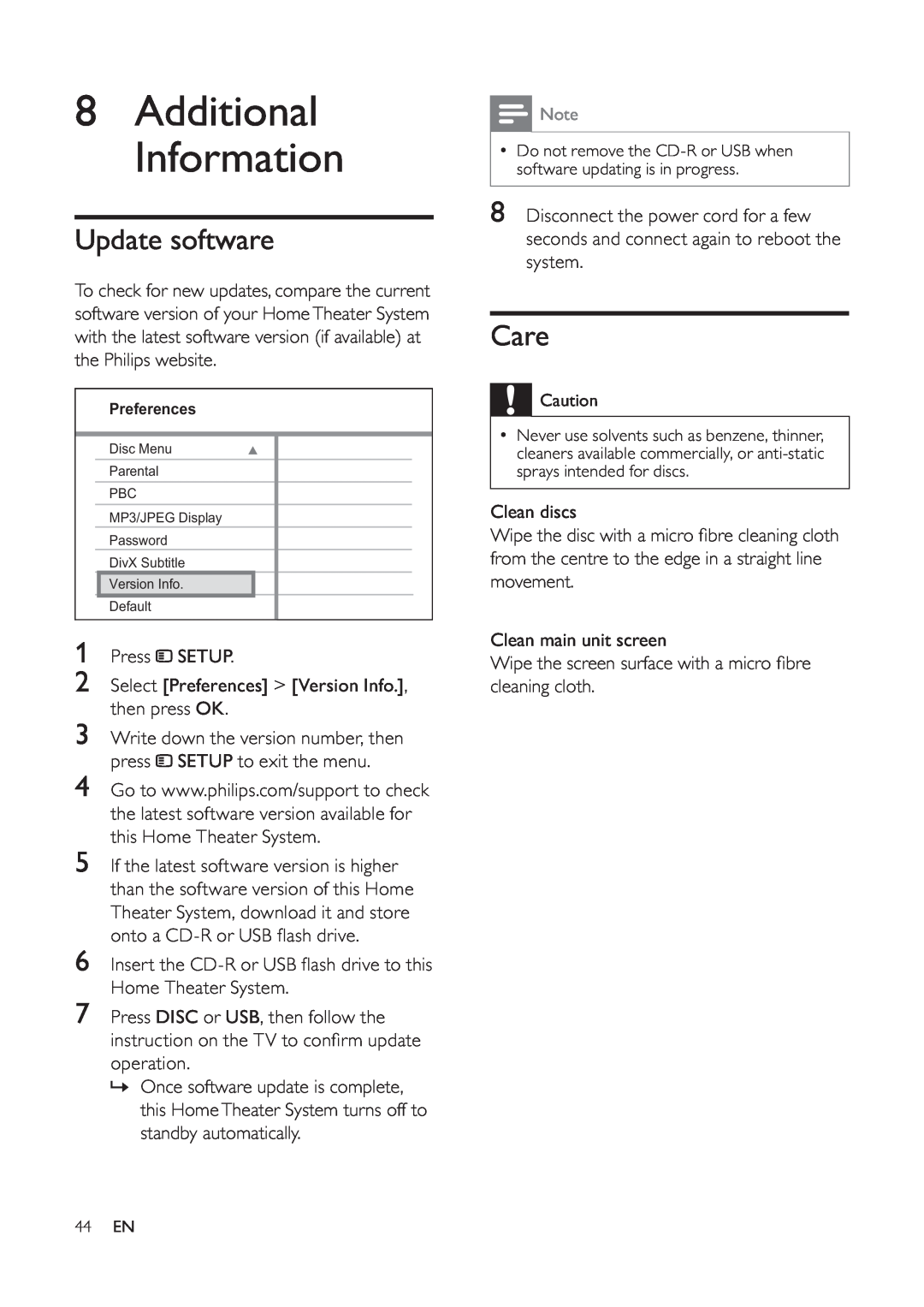 Philips 525p, HTS6520/93, 625p user manual Update software, Care, 8Additional Information 
