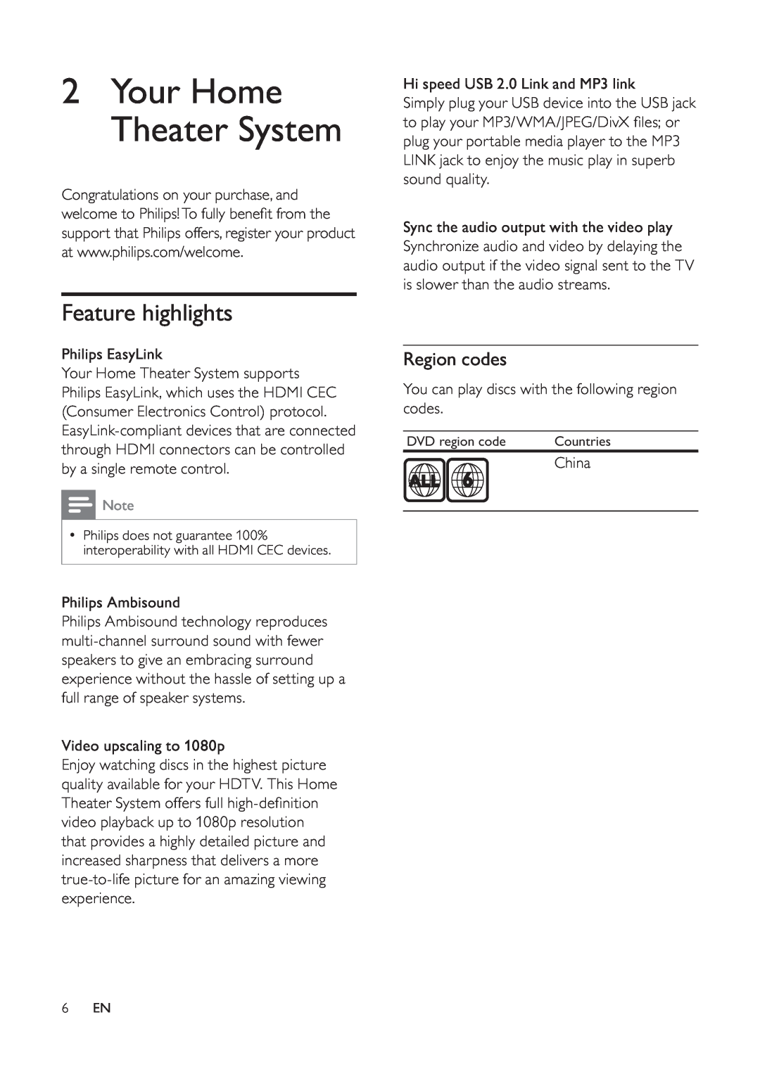 Philips HTS6520/93, 625p, 525p user manual Feature highlights, Region codes, 2Your Home Theater System 