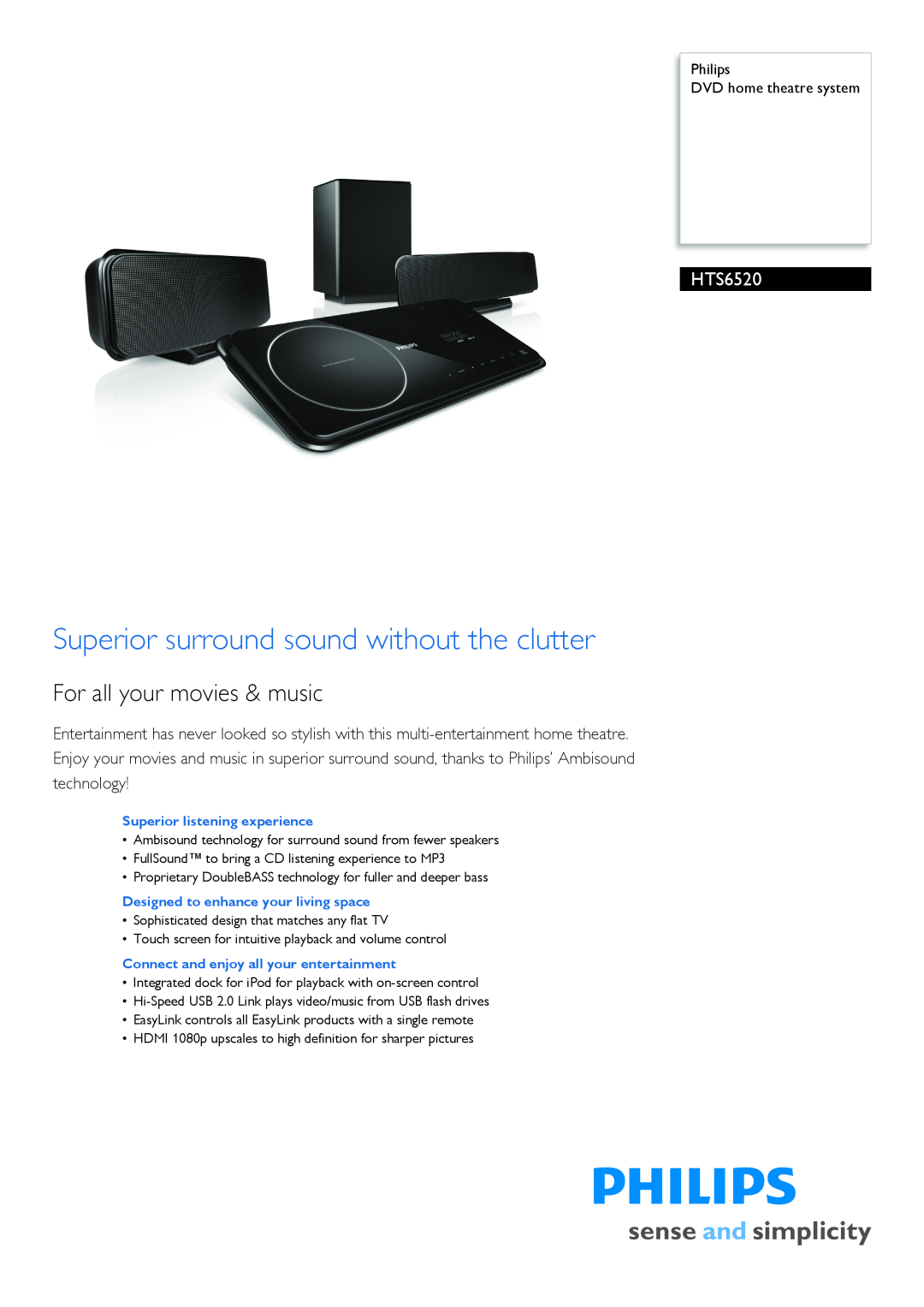 Philips HTS6520/98 manual Philips DVD home theatre system, Superior surround sound without the clutter 