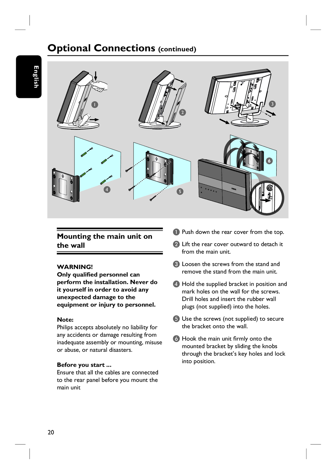 Philips HTS6600 quick start Mounting the main unit on the wall, Before you start 