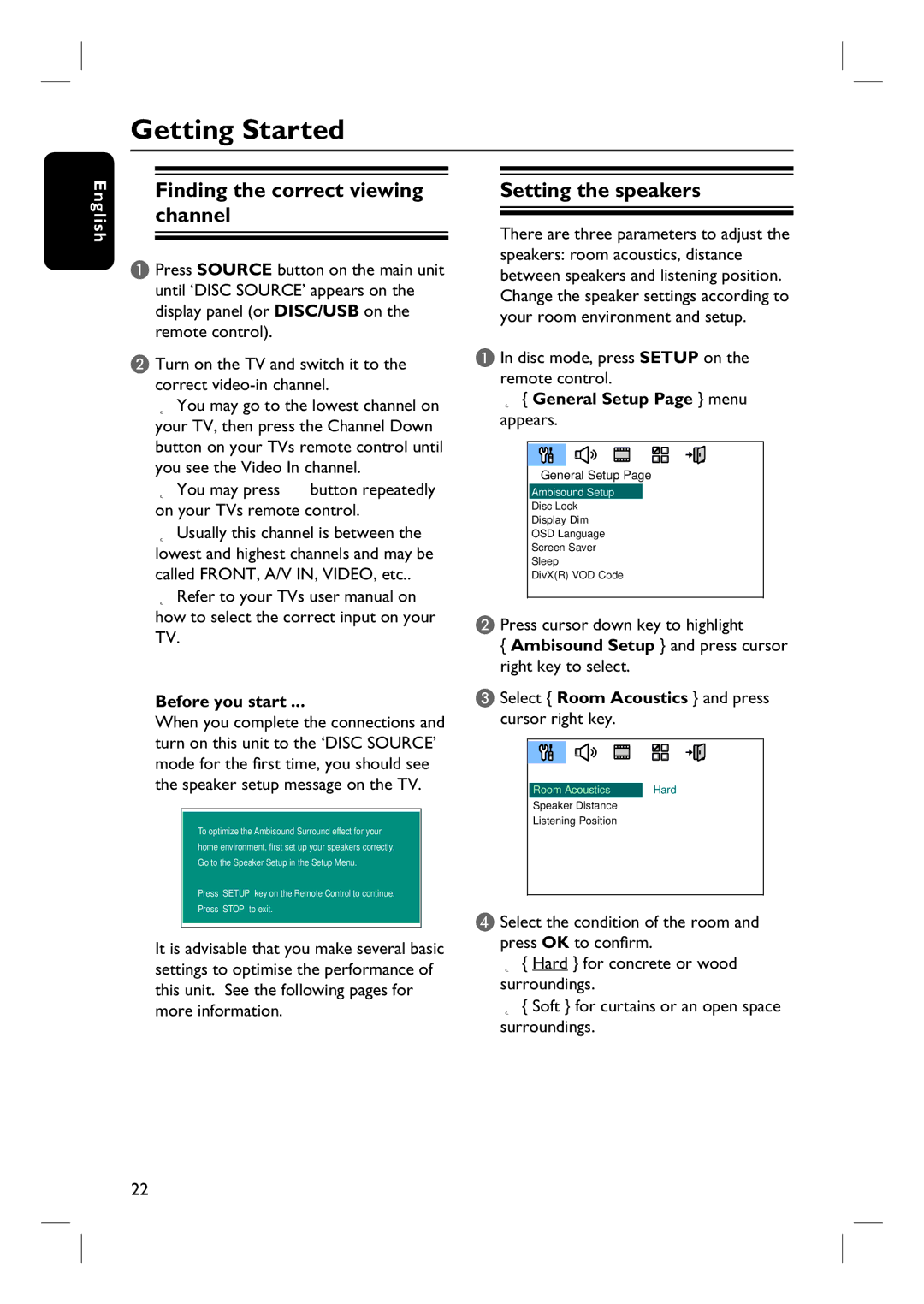 Philips HTS6600 Getting Started, Finding the correct viewing Setting the speakers Channel, General Setup Page menu appears 