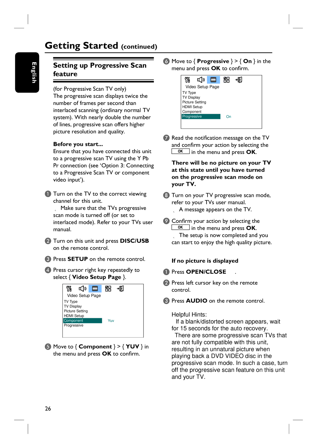 Philips HTS6600 quick start Setting up Progressive Scan feature, For Progressive Scan TV only 