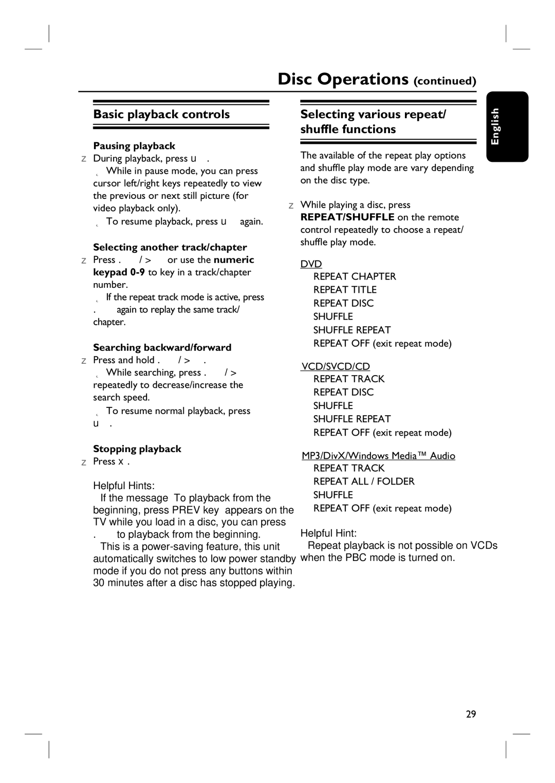 Philips HTS6600 quick start Basic playback controls, Selecting various repeat/ shuffle functions 