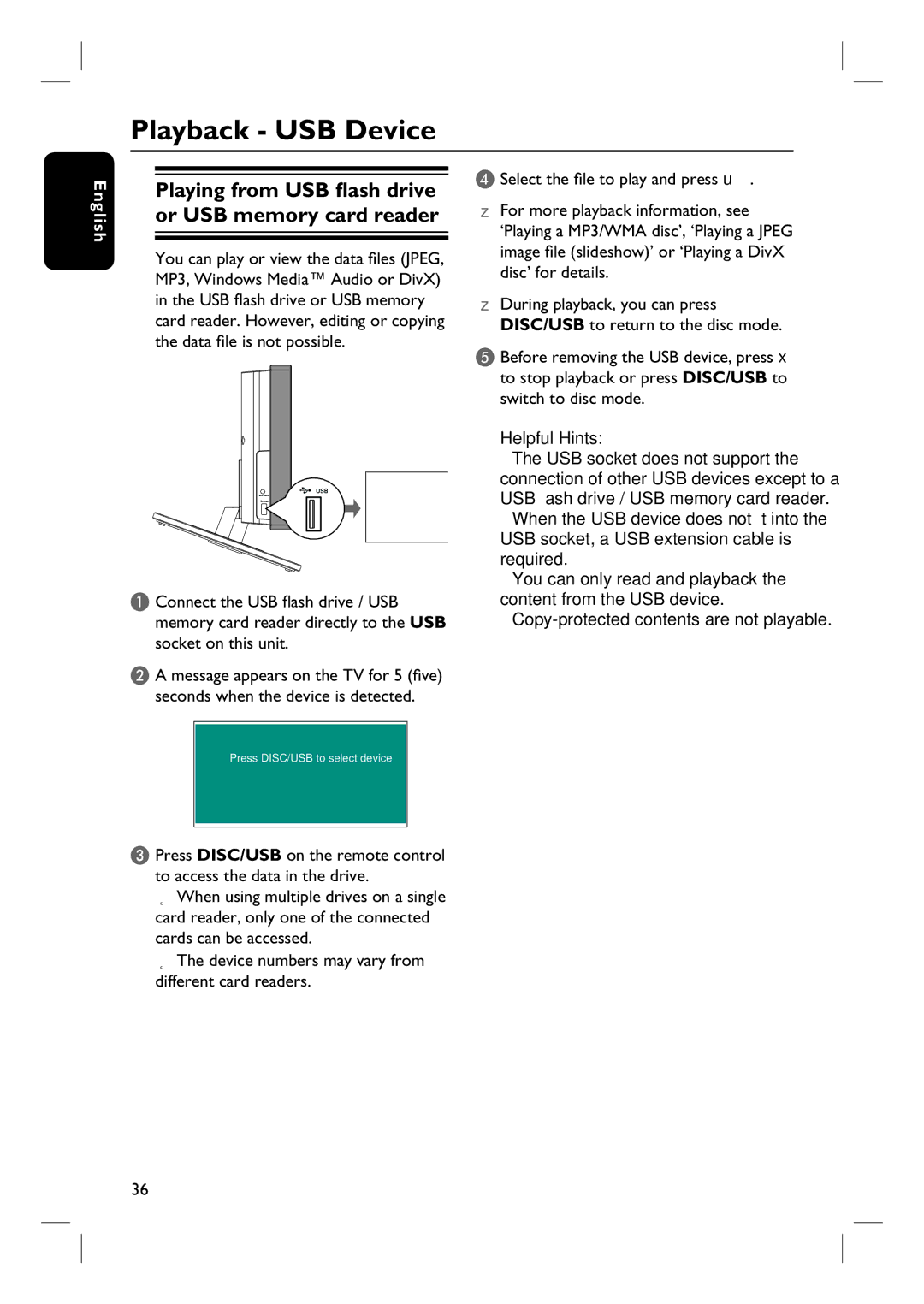 Philips HTS6600 quick start Playback USB Device, Playing from USB flash drive or USB memory card reader 