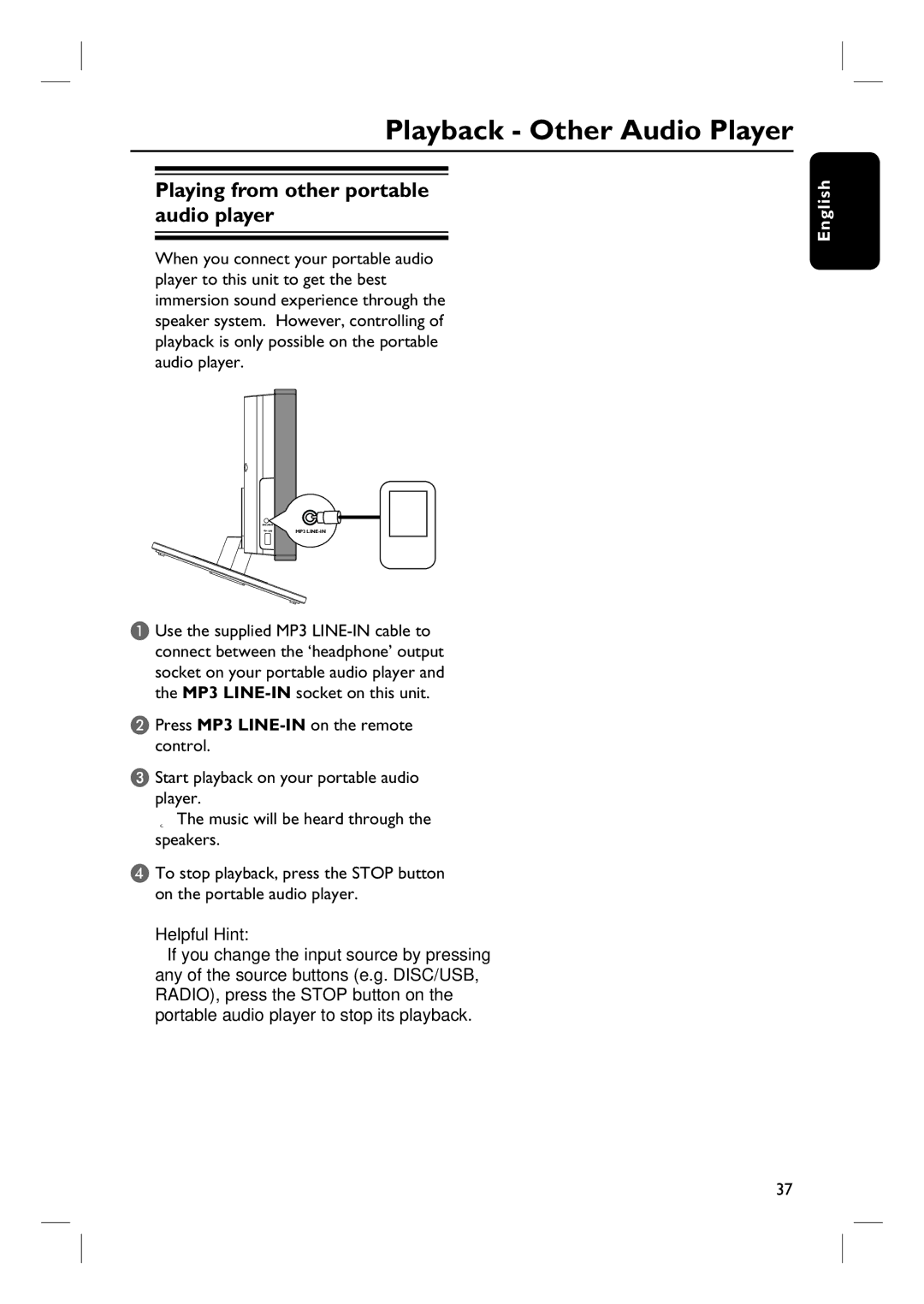 Philips HTS6600 quick start Playback Other Audio Player, Playing from other portable audio player 