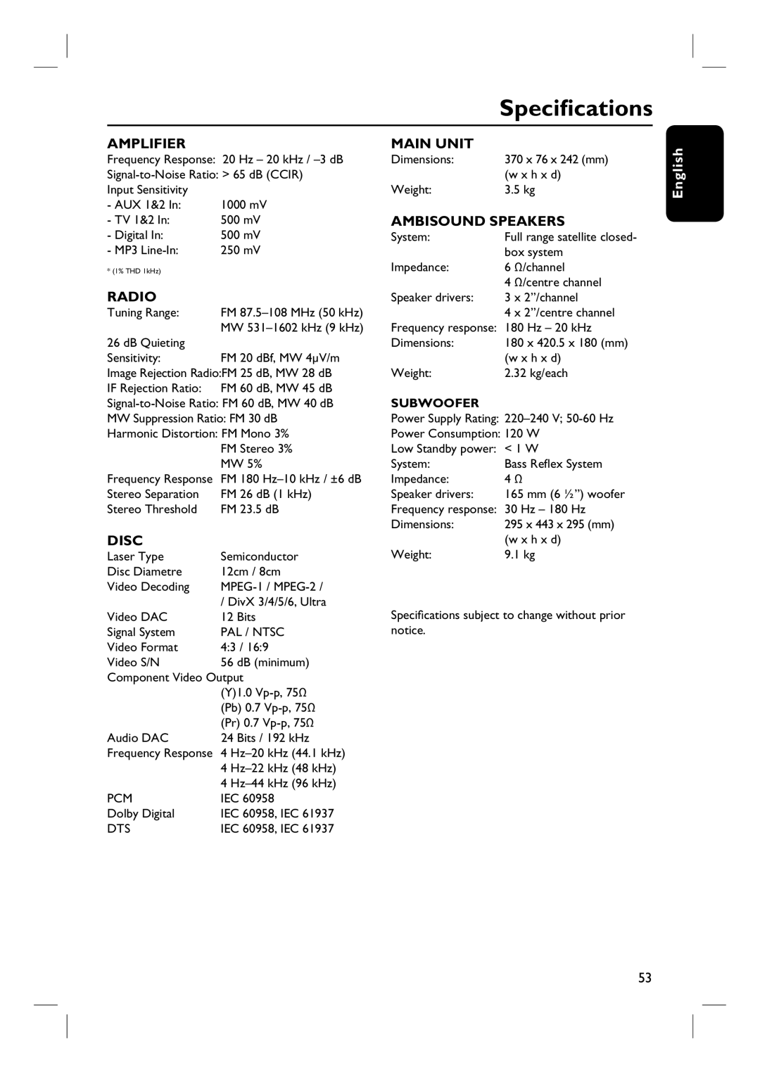 Philips HTS6600 quick start Specifications, Amplifier 