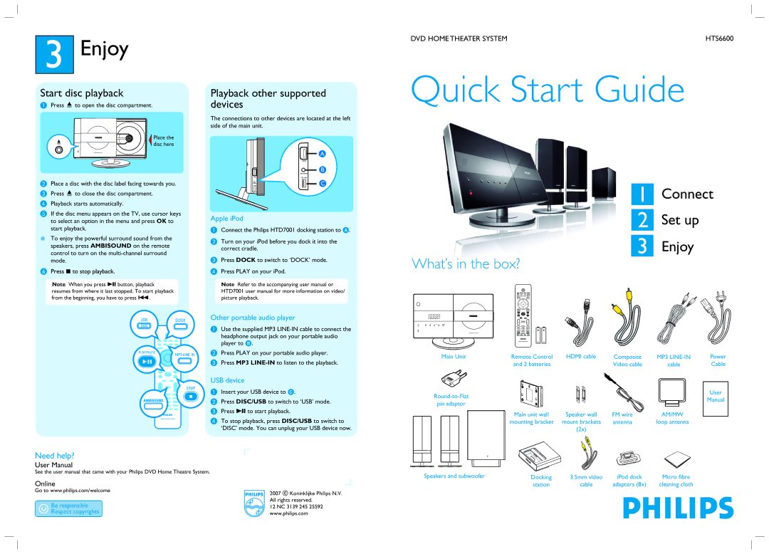 Philips HTS6600 quick start Enjoy, Need help?, Apple iPod, Other portable audio player, USB device 