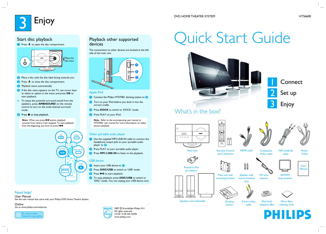Philips HTS6600 quick start 3Enjoy, Need help?, Quick Start Guide, Connect 2 Set up 3 Enjoy, What’s in the box?, Online 