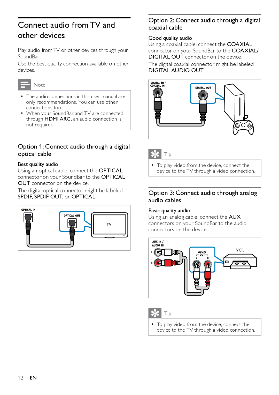 Philips HTS7111 user manual Connect audio from TV and other devices, Option 1 Connect audio through a digital optical cable 