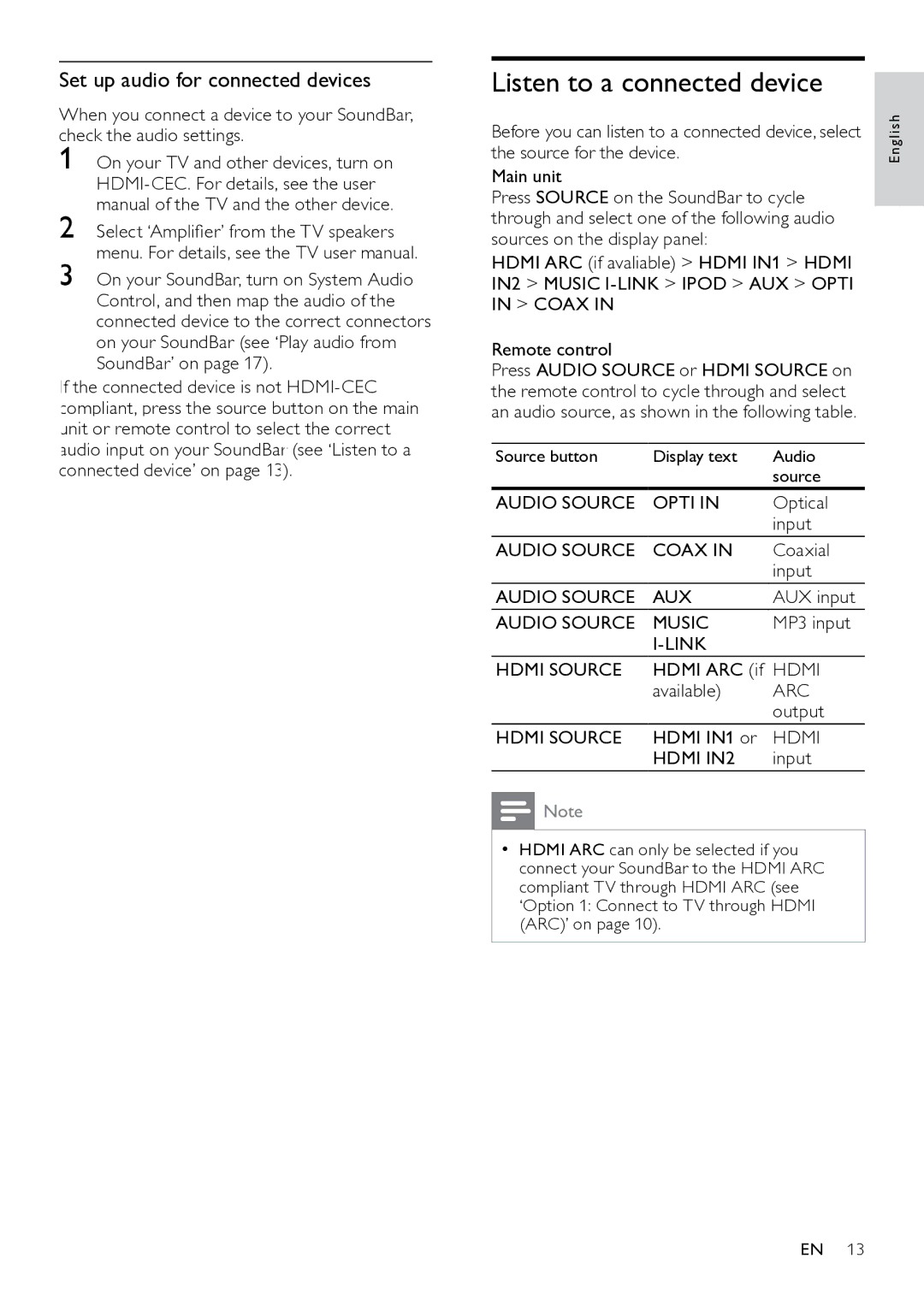 Philips HTS7111 user manual Listen to a connected device, Set up audio for connected devices 