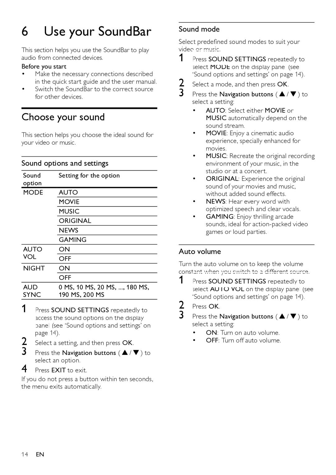 Philips HTS7111 user manual Use your SoundBar, Choose your sound, Sound options and settings, Sound mode, Auto volume 