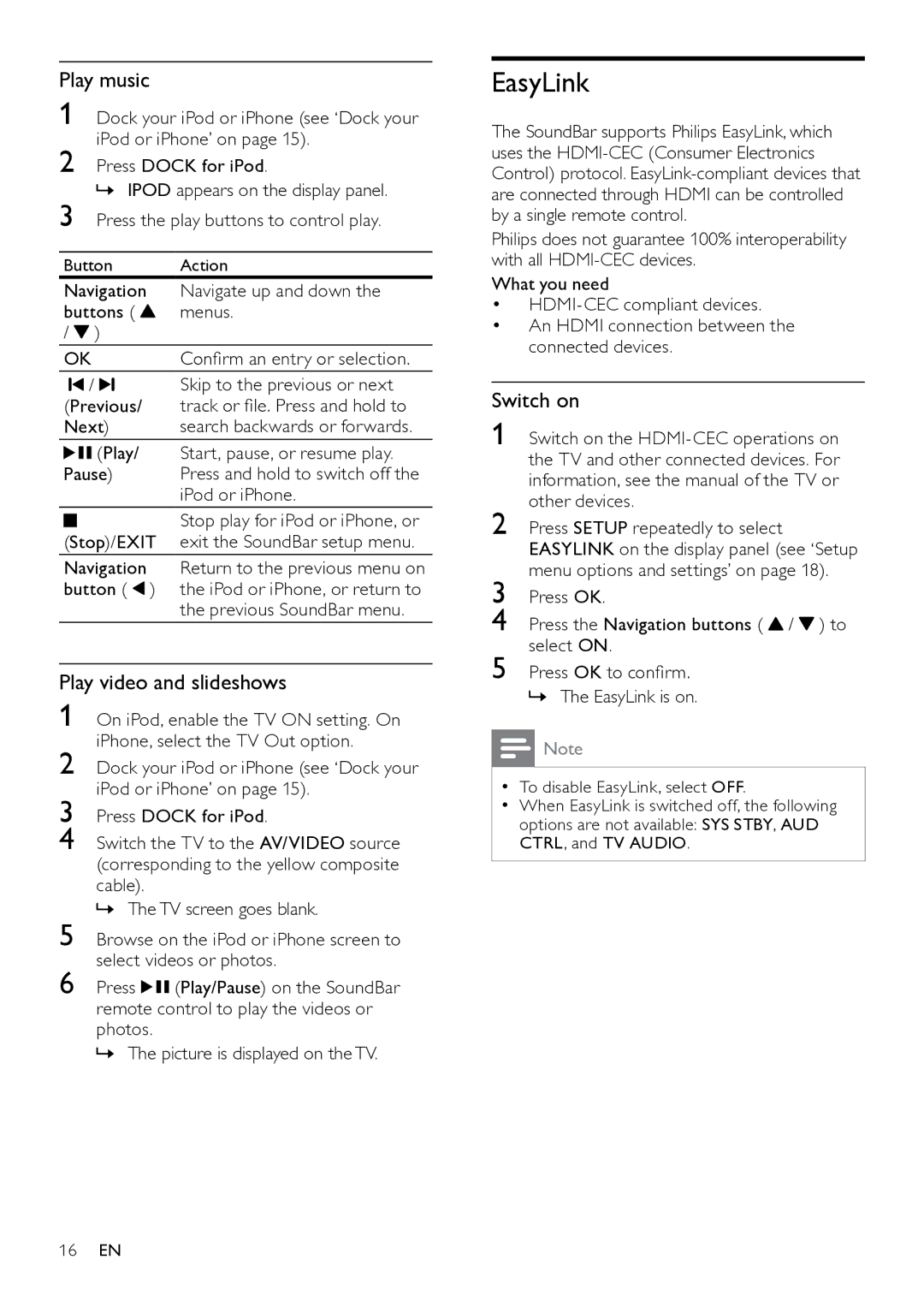 Philips HTS7111 user manual EasyLink, Play video and slideshows, Switch on 