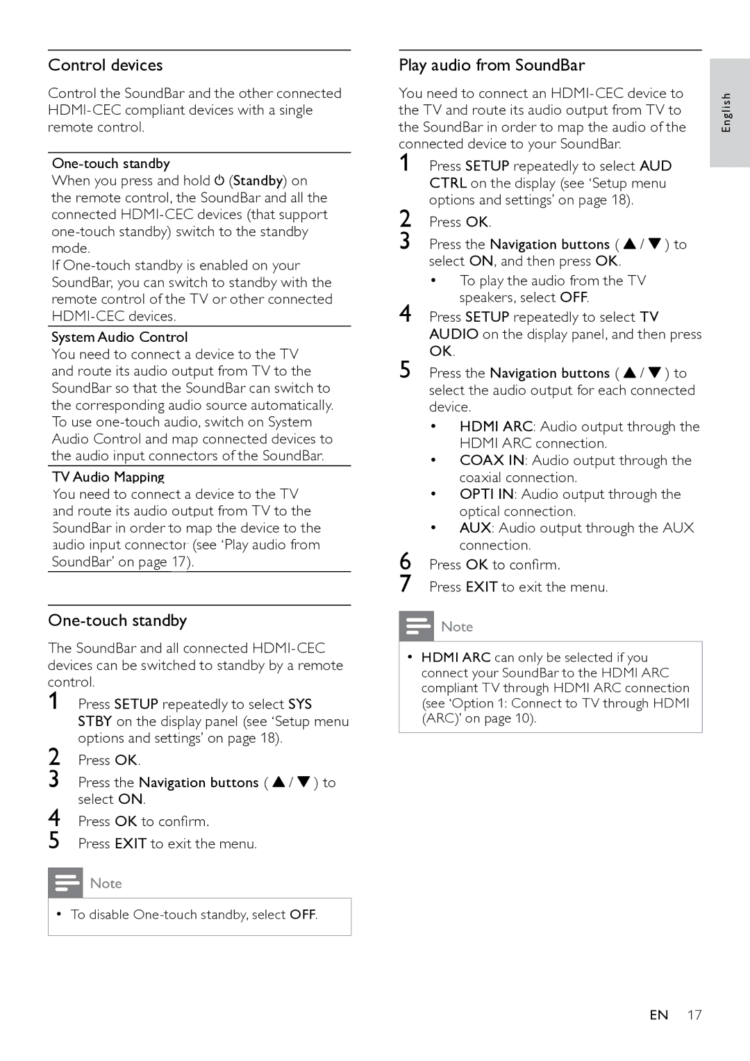 Philips HTS7111 user manual Control devices, One-touch standby, Play audio from SoundBar 