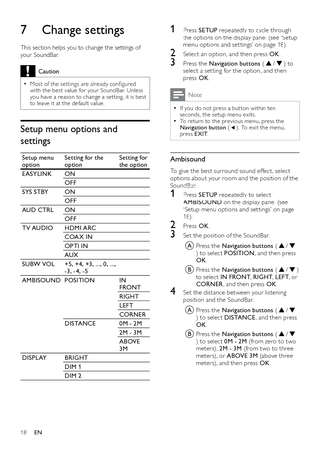 Philips HTS7111 Change settings, Setup menu options and settings, Ambisound Position Front Right Left Corner Distance 