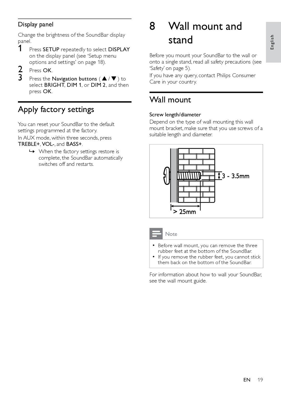 Philips HTS7111 user manual Wall mount Stand, Apply factory settings, Display panel 