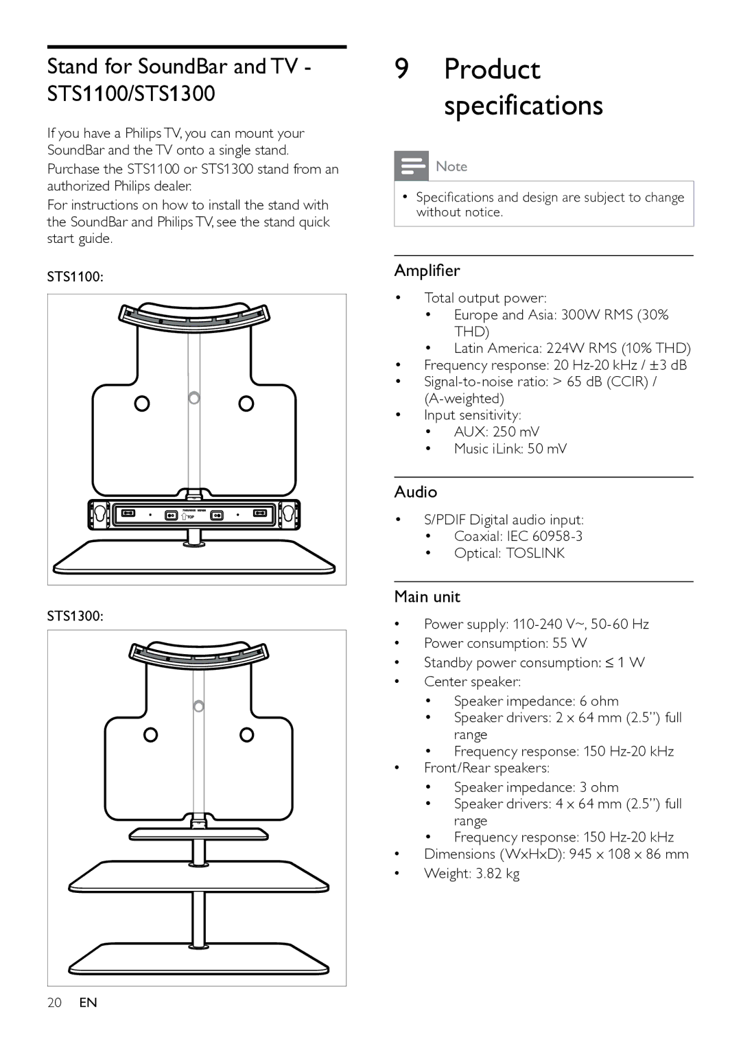 Philips HTS7111 user manual Stand for SoundBar and TV STS1100/STS1300, Amplifier, Audio, Main unit 